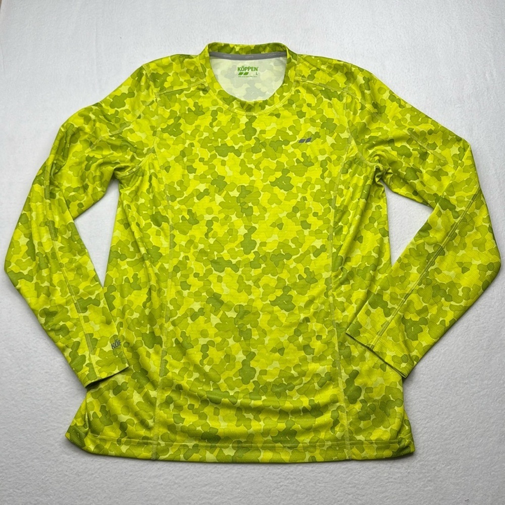 Koppen long sleeve size L green chartreuse speckled geometric pattern tee shirt